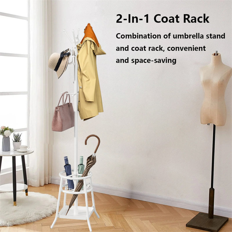 2-In-1 Coat Rack,Combination Of Umbrella Standand Coat Rack, Convenientand Space-Saving, White