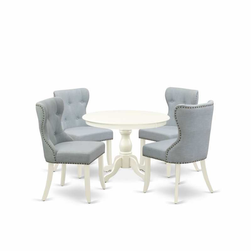 5 Piece Kitchen Table & Chairs Set Includes a Round Dining Room Table with Pedestal and 4 Baby Blue Linen Fabric Parson Chairs, Linen White