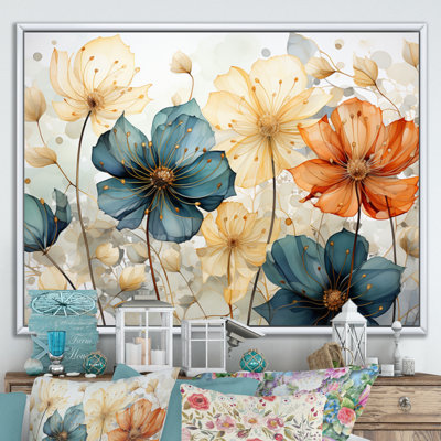 «Teal Orange Petal Mosaics I», art mural abstrait botanique pour le salon