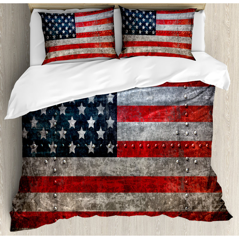 Queen American Flag Red Gray Polyester Duvet Cover Set