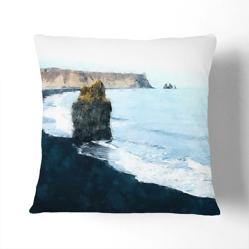 Black Sand Beach in Vik Iceland Painting Scatter Cushion, 55cm H x 55cm W, White