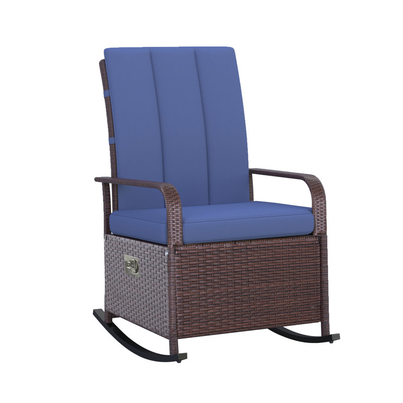 Wicker Outdoor Rocking Chair, Patio Recliner With Adjustment Backrest, PE Rattan Lounge Chair With Adjustable Footrest And Cushions For Garden, Backyard, Porch, Blue