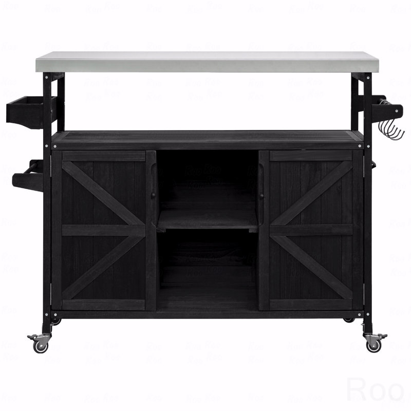 Kitchen Island Table, Outdoor, Rolling Bar Cart And Storage Cabinet, Farmhouse Solid Wooden Outdoor Grill Table With Stainless Steel Top, Spice Rack, Towel Rack