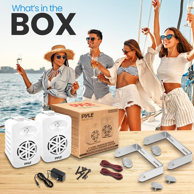 Haut-parleurs Bluetooth Pyle de 4 po, système de haut-parleurs sans fil 2 voies intérieur / extérieur imperméable avec tweeter en polymère de 1/2 po, fabrication en ABS robuste, parfait pour la terrasse, la piscine, le bateau ou le pont (blanc, paquet de 2)