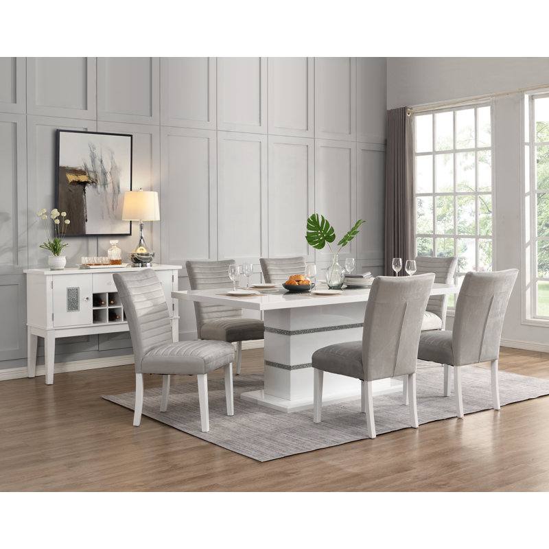Elizaveta White High Gloss Rectangular Dining Table with Faux Crystals