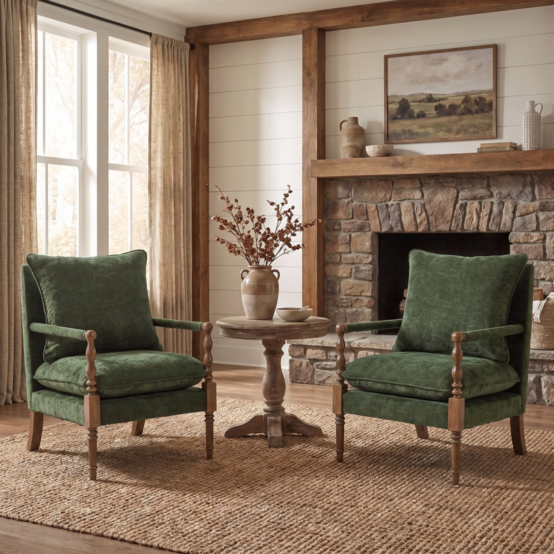 Fauteuil d'appoint en chenille, fauteuil d'appoint en broche avec accoudoirs couverts, fauteuil d'appoint de style campagne avec bois tourné (ensemble de 2)