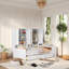 Lit de jour multifonctionnel avec bureau, tablettes, armoires et tiroirs, cadre de lit peu encombrant avec rangement, aménagement réversible, cadre en bois pour la chambre à coucher, appartement, bureau à domicile-112651678-112651677