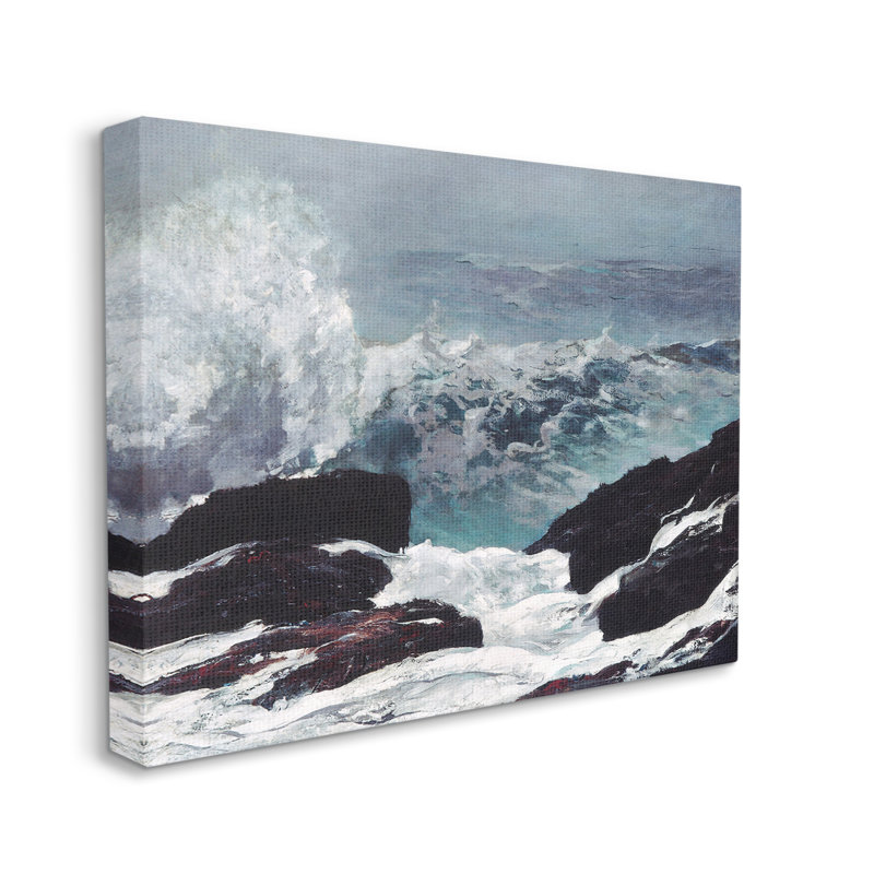 Crashing Waves Ocean Rocks Cliff Rough Waters par Lettered And Lined - peinture sur toile tendue, L 30 po x H 24 po
