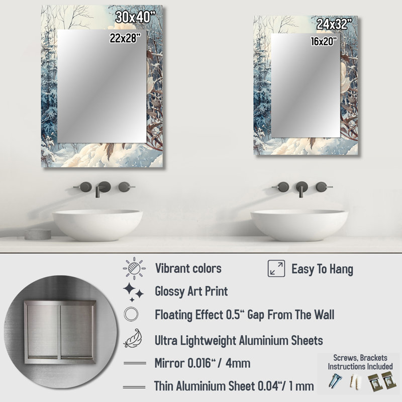 Neige coiffée de pivoines dans la forêt II - miroir unique pivoines, grand miroir mural traditionnel, impression d'art en métal
