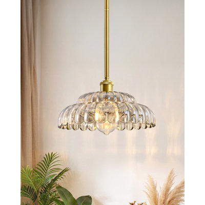 Modern Cognac Glass Pendant Light, 12" Vintage Water Ripple Shade, Adjustable Hanging Fixture, E26 Base, Brass Finish For Kitchen Island Dining Room