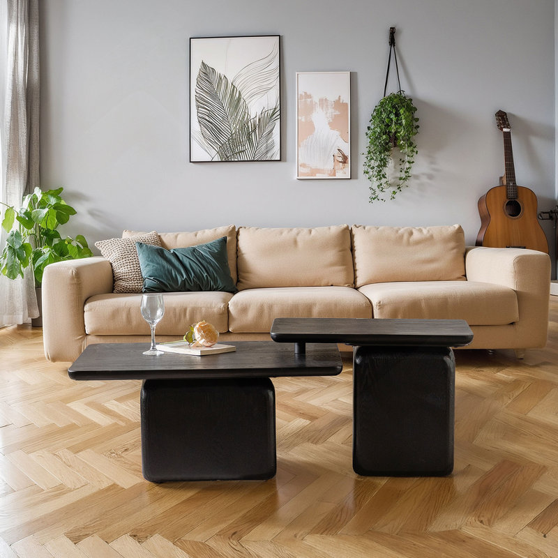 Ensemble de tables basses carrées Lee avec pieds en bois de sapin, Noir, noir, noir, noir