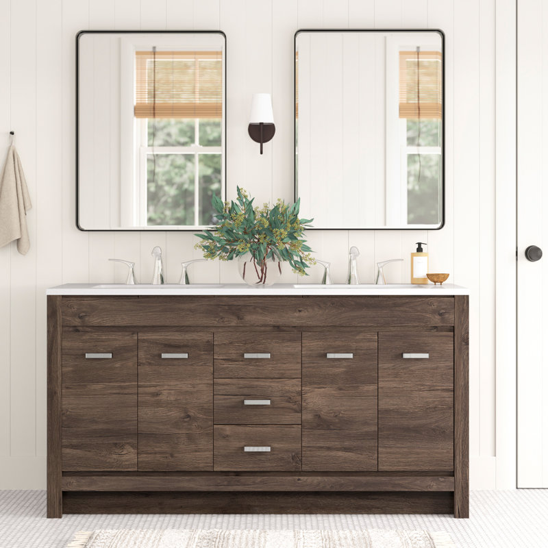 60.5" Double Bathroom Vanity With Cultured Marble Top, Vintage Oak