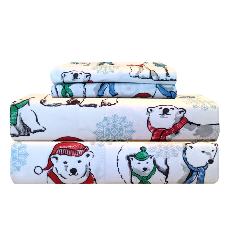 King Blue Polar Bear Print Micro Flannel Sheet Set