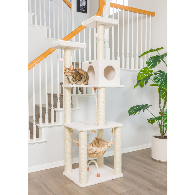 73'' Ivory Fleece Multi-Level Cat Tree with Hammock and Rope Swing