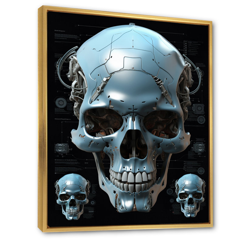 Reproduction d'art sur toile, "Happy Cyborg Skull Funky Halloween", Cadre flottant doré, H 32 po x l 16 po x P 1 po