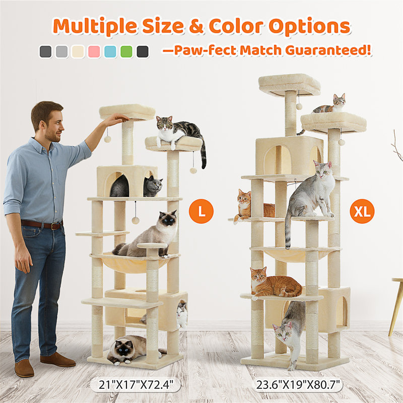 Arbre à chat robuste pour grands chats, tour de chat haute de 81 pouces avec 2 perchoirs, 2 condos et hamac spacieux, très grand XL avec 7 poteaux à griffer pour chats adultes de 20 lb et plus