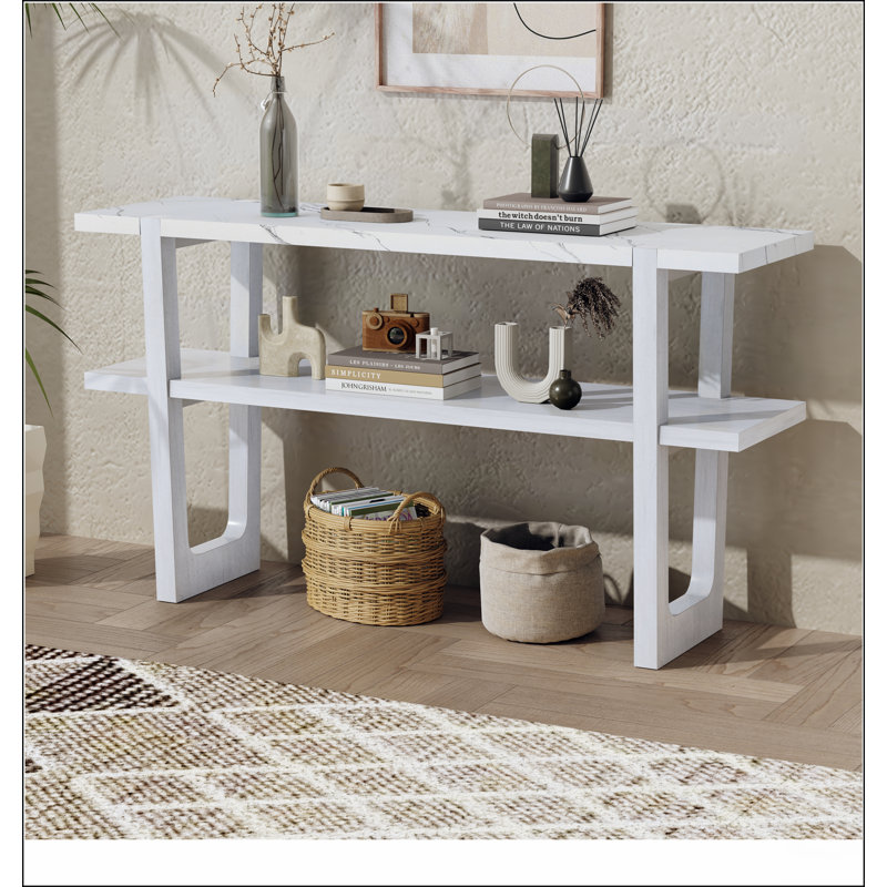 Console Retro Elegant avec plateau effet marbre, Blanc antique