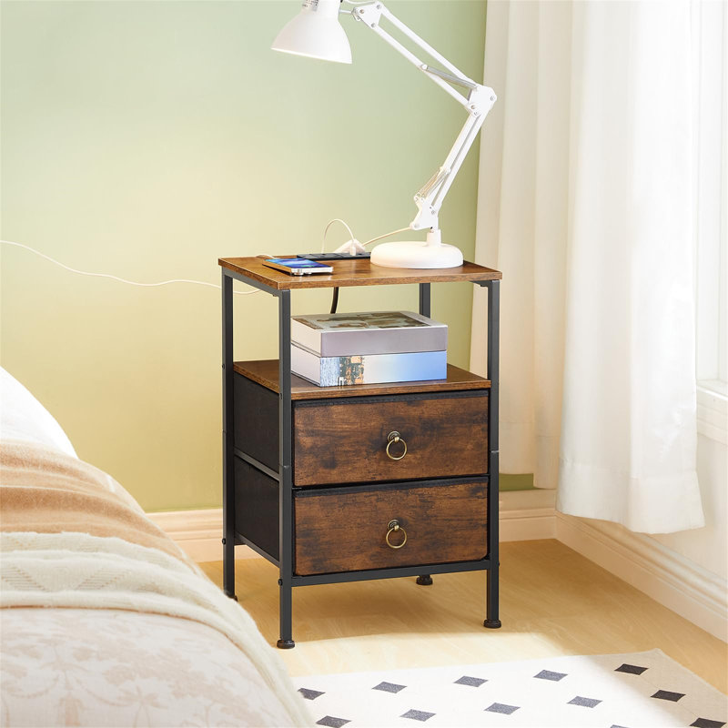 Side Table With Charging Station, Bedside Table With 2 USB Ports And Outlet, End Table With 2 Fabric Drawers, Sofa Side Table, Nightstand For Small Spaces