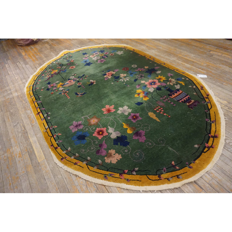 Antique Floral Wool Hand Knotted Pile Green 1930s Rug