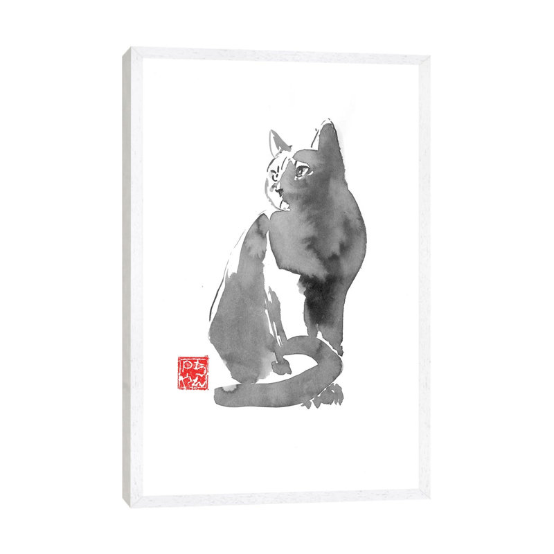 Grey Cat by Péchane - Painting on Canvas, White Framed, 66.04 cm H x 45.72 cm W