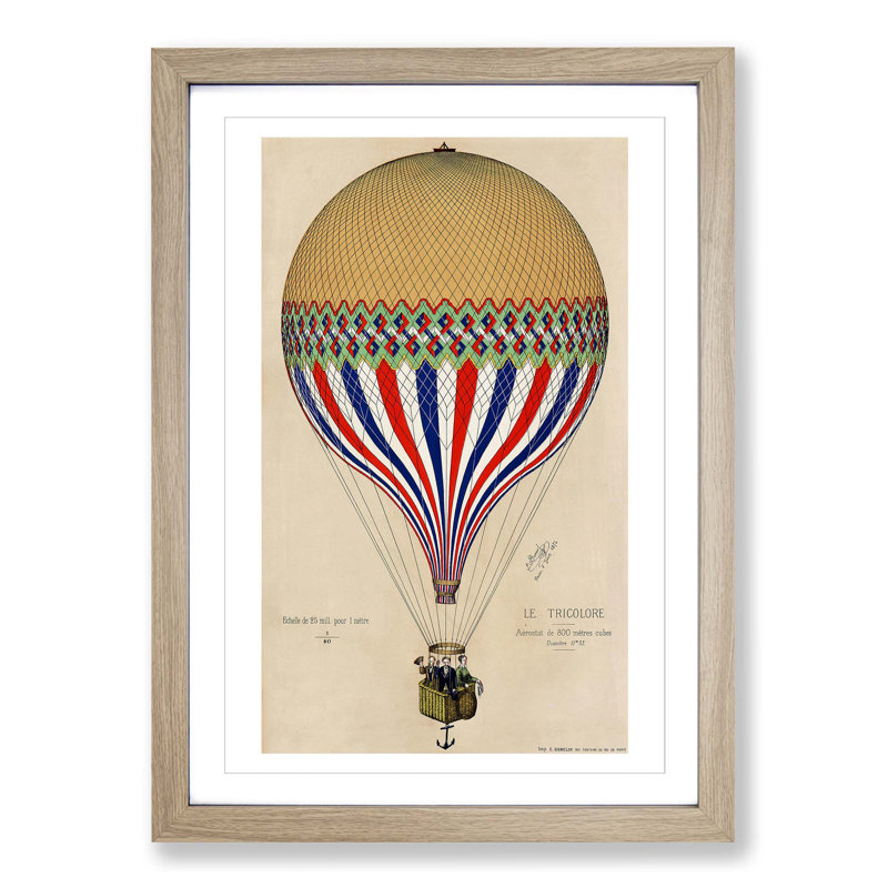 Hot Air Balloon in France - Picture Frame Painting Print on MDF, 87cm H x 62cm W x 2cm D, Oak Framed