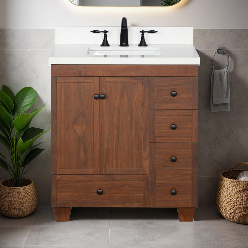 Meuble-lavabo 30 po avec lavabo Lavanti Depos - 100% bois massif de première qualité, meuble-lavabo élégant en noyer avec meuble de rangement