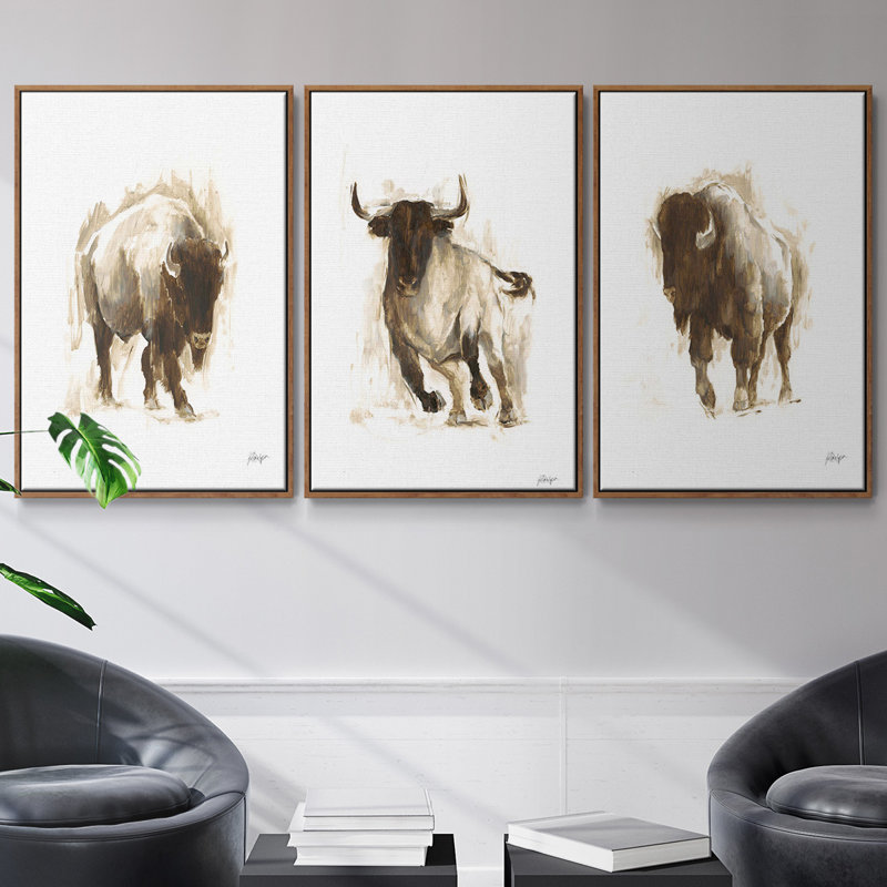 Rustic Bison I, ensemble de 3 toiles encadrées sur toile, Noyer, H 36 po x l 72 po