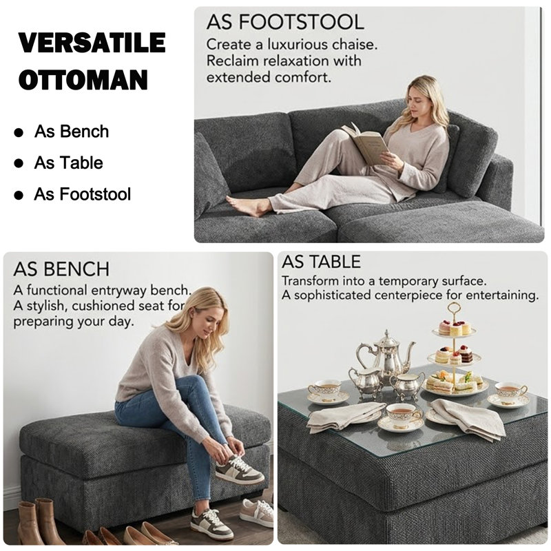Oversized Upholstered Sectional Sofa, Modular Cloud Sectional Couch With Ottoman, Cream