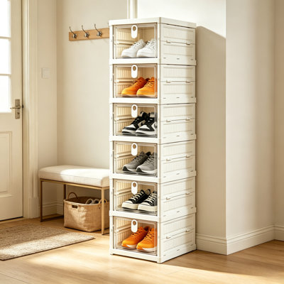 Meuble à chaussures pliable à 6 niveaux, organisateur de chaussures en plastique transparent avec porte avant, boîte de rangement à chaussures empilable pour entrée, placard
