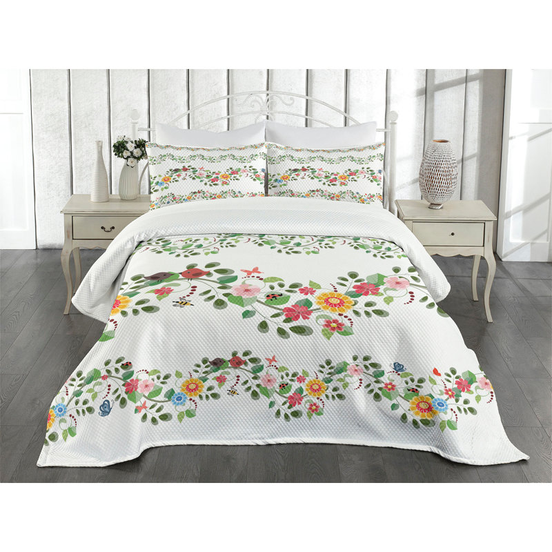 Ambensonne Green Flower Multicolor Multicolor, King Coverlet/Bedspread + 2 Pillow Shams