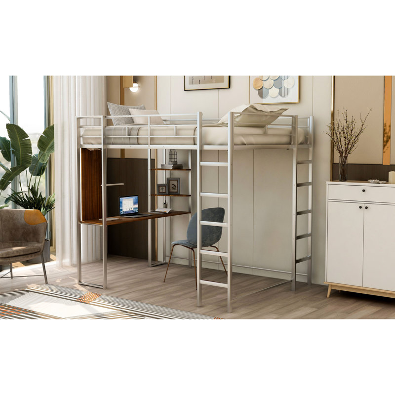 Silver Metal Loft Bed, Full Size With Desk & Shelves - Enhance Bedroom And Appearance Bed In Silver, 2 Organization Comfort