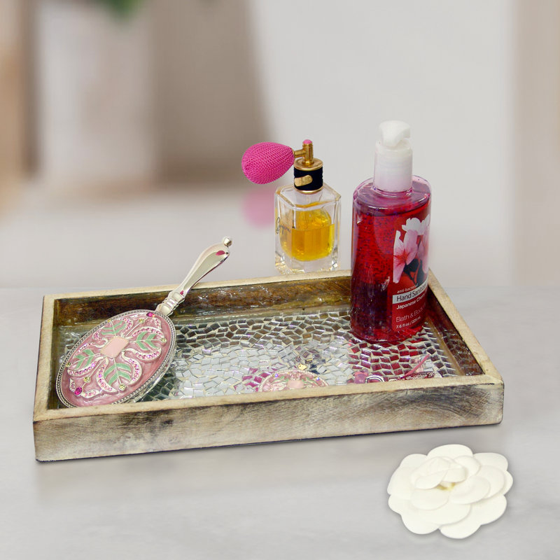 Adeel Solid Wood Tray, Silver/Cream