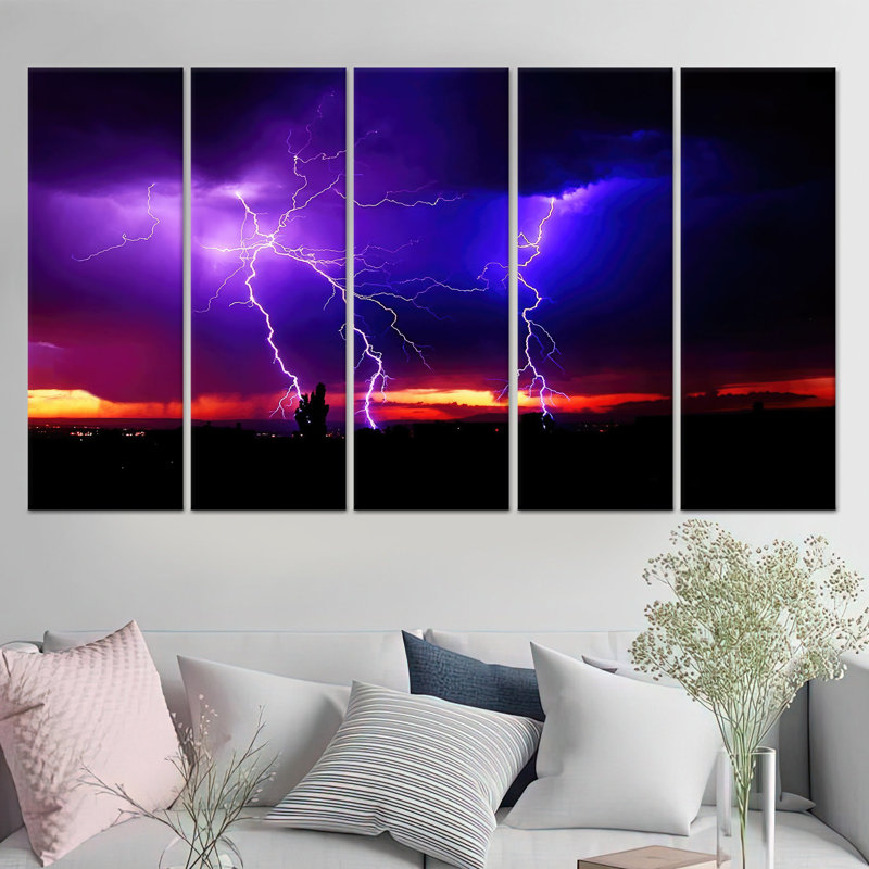 Printed Canvas Artwork: Mesmerizing Lightning Sky Design,5P Wrapped Canvas, H: 43.3 x W:78.7 inches
