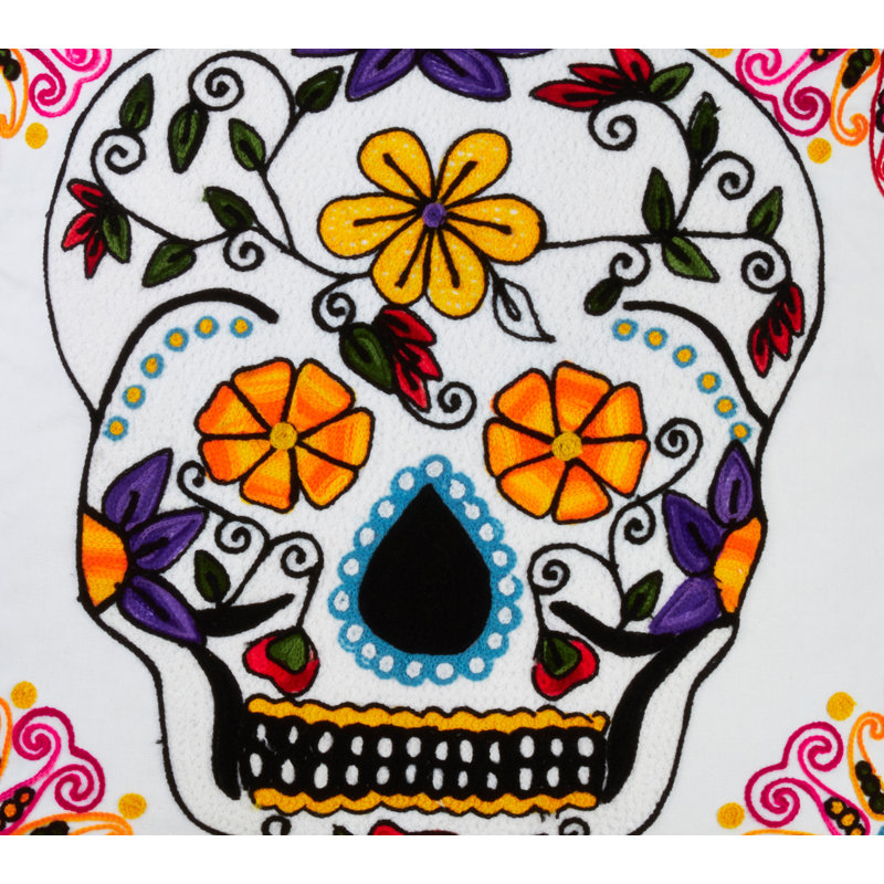 White 18" Square Sugar Skull Embroidered Pillow Cover