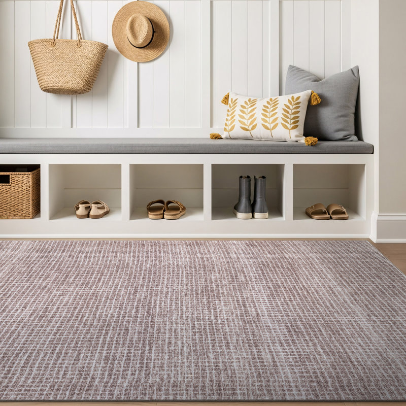 Tapis d'intérieur antidérapant, lavable à la machine, texture lin, couleur noyer, Brown, 3'3" x 5'