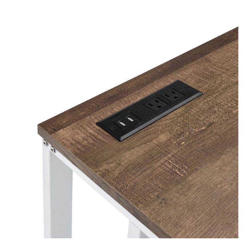 Bureau d'écriture rectangulaire avec port USB et prise intégrés, finition noyer et blanc, panneau de fibres à densité moyenne et structure en métal