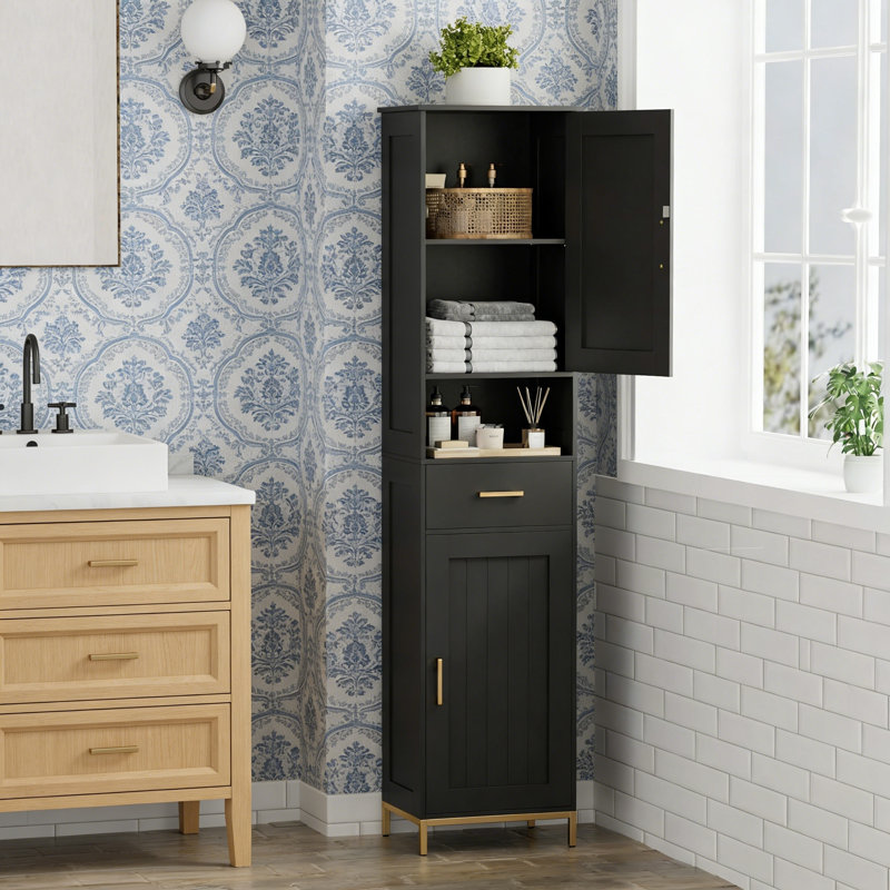Tall Bathroom Storage Cabinet With Adjustable Shelves, Freestanding Cabinet With Doors And Drawer, Black