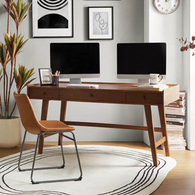 Adakras 60"W Mid-century Modern Writing Solid Wood Desk with Built-in Outlets and Compartmentalized Drawer and Cable Management