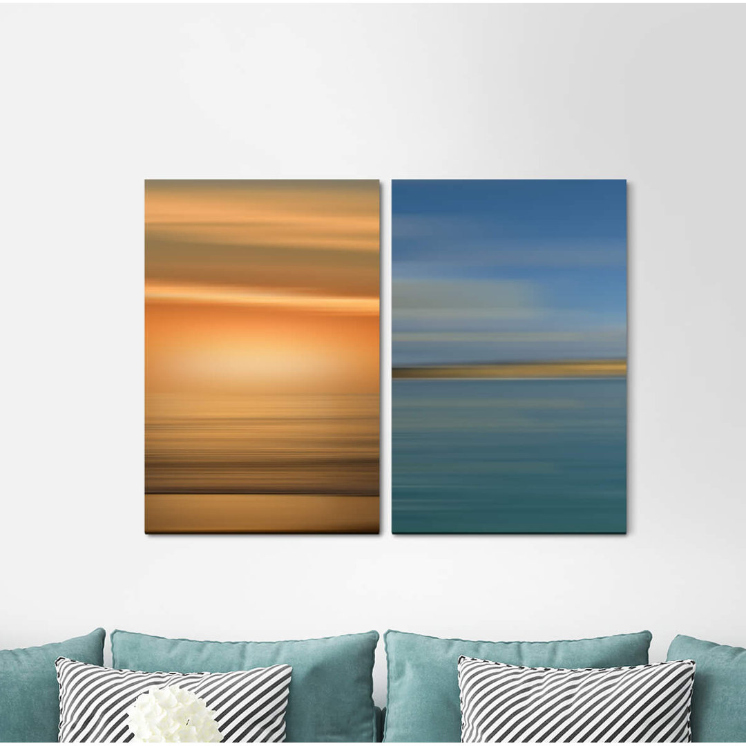 2-tlg. Leinwandbilder-Set - Grafikdruck „Gold Turquoise Modern Waves Sunset Horizon Minimal”