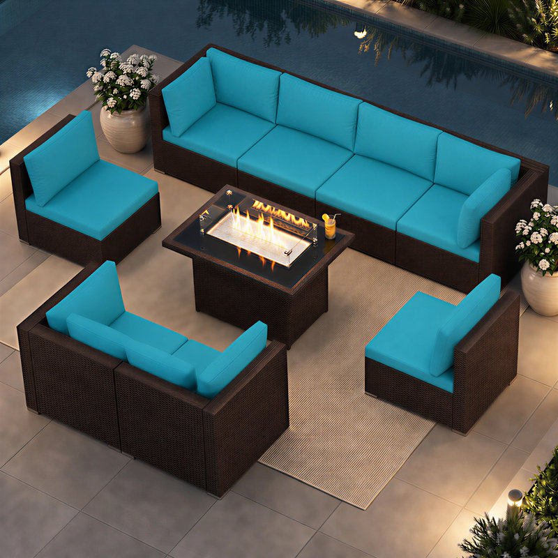 Ensemble de conversation de patio en osier 9 pièces avec table de foyer rectangulaire modulaire, double combustible, 60 000 BTU