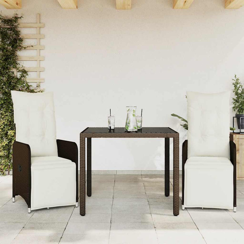 Patio Bistro Set With Cushions Brown Poly Rattan, 29.5" H x 35.4" W x 35.4" D, 2