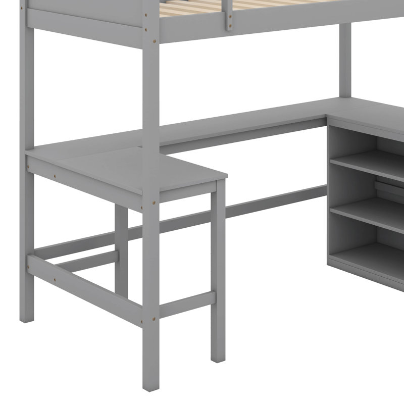 Lit mezzanine simple avec tablettes et bureau, Gris