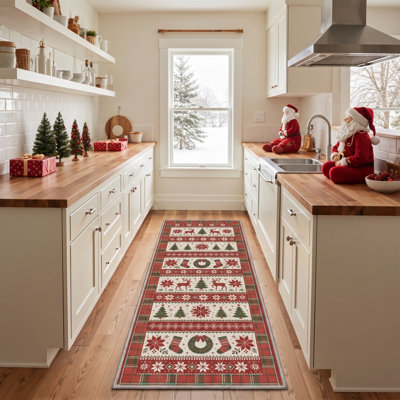 Machine Washable Plaid Red / Ivory Hallway Runner With Non-Slip Backing