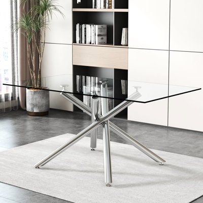 Table de salle à manger contemporaine en verre avec plateau trempé de 0,39 po et pieds en métal argenté, pouvant accueillir 4 à 8 personnes, moderne et rectangulaire pour 4 à 6 personnes, ajoute du style à la décoration intérieure