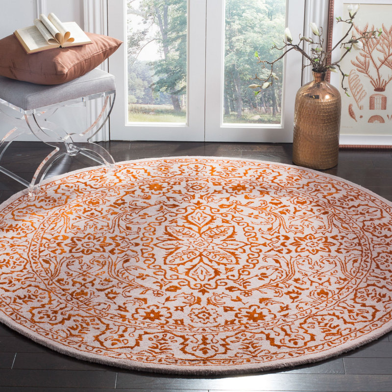 Zeringue Hand Tufted Viscose/Wool Floral Rug in Gray/Rust, Round 6'