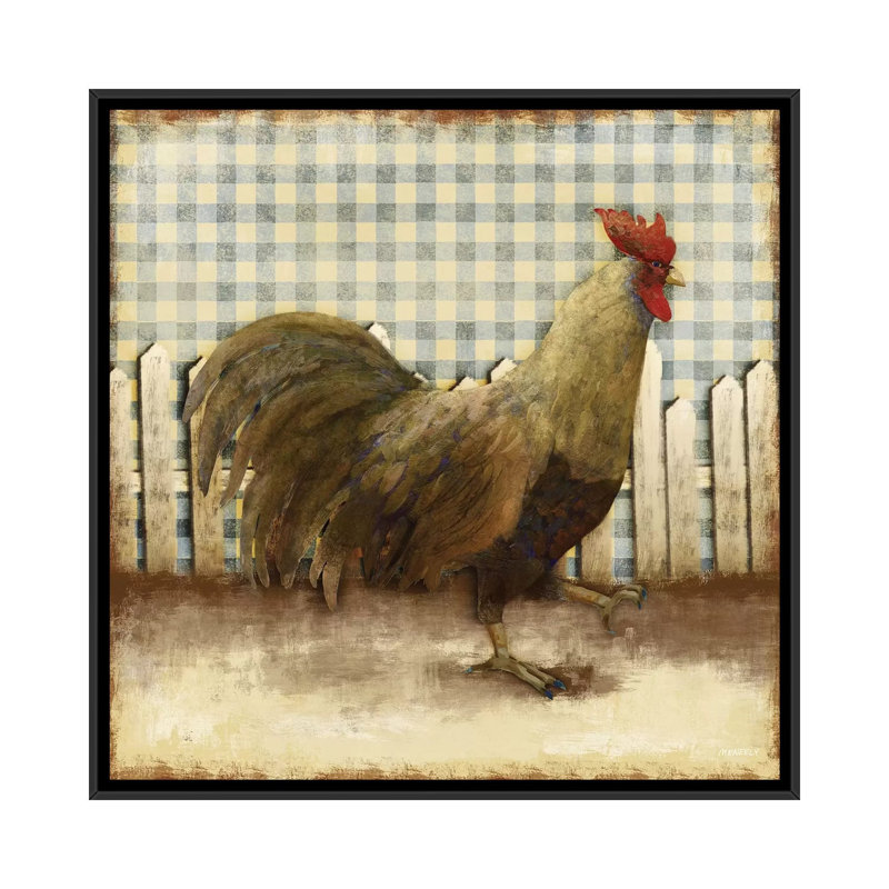 «Rooster on Damask I» par Dan Meneely - reproduction d'art, Aucun mat, H 18 po x l 18 po x 1,5 po, Toile avec cadre noir