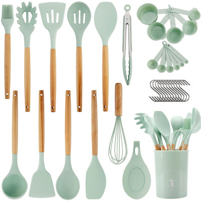 Silicone Kitchen Utensils Set, 35 Pcs Non-Stick Cooking Utensils Set, Sturdy Insulation Wooden Handle Kitchen Accessories for Cooking with Spatula Set and Spoons Set Gadgets (Light Green)