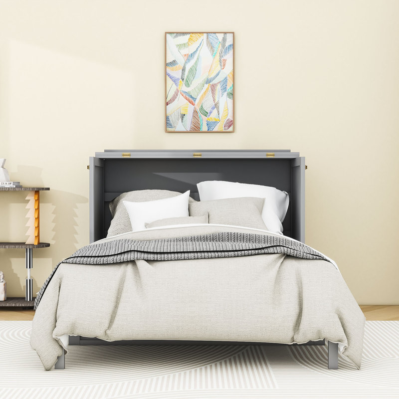 Lit escamotable double avec design en rotin élégant et tiroir de rangement intégré, Gris