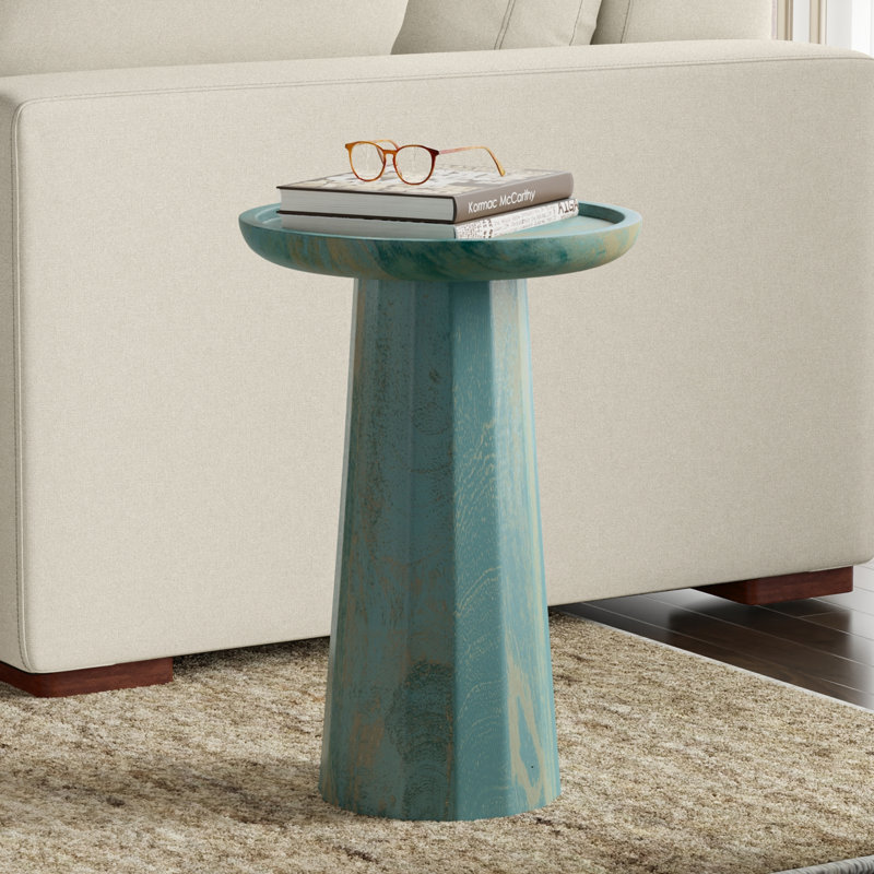 Table de bout contemporaine en bois de manguier massif l 13 po avec finition texturée Matney Dayton, Bleu sarcelle délavé