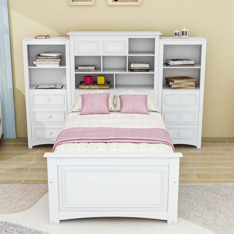 Lit plateforme simple en bois avec tiroirs de rangement et tête de lit, Blanc